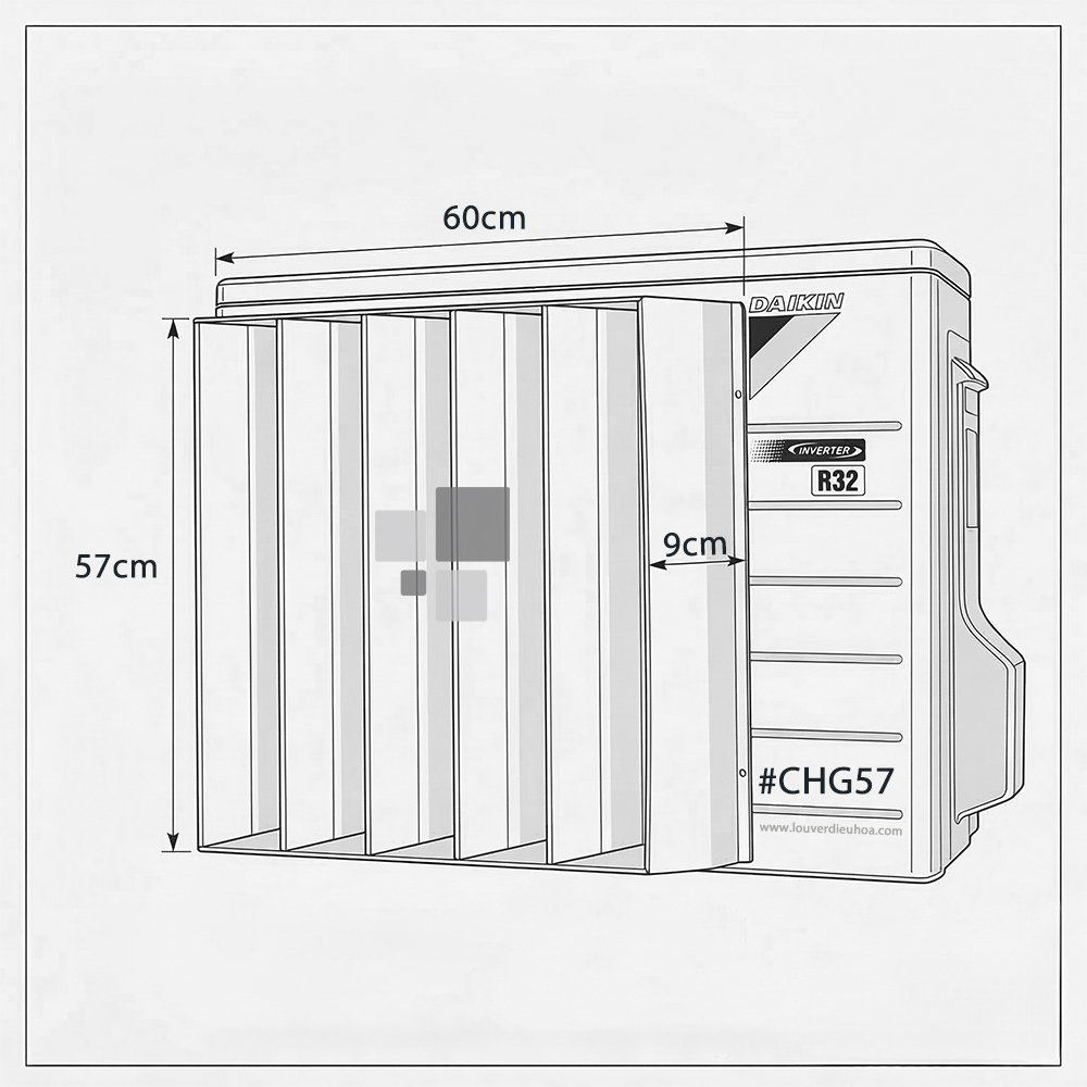 Kích thước tấm chuyển hướng gió CHG57 phù hợp với cục nóng điều hoà 12000 - 18000 BTU