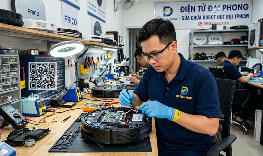 Kỹ thuật viên của Điện tử Đại Phong sửa chữa Robot Frico tại cửa hàng