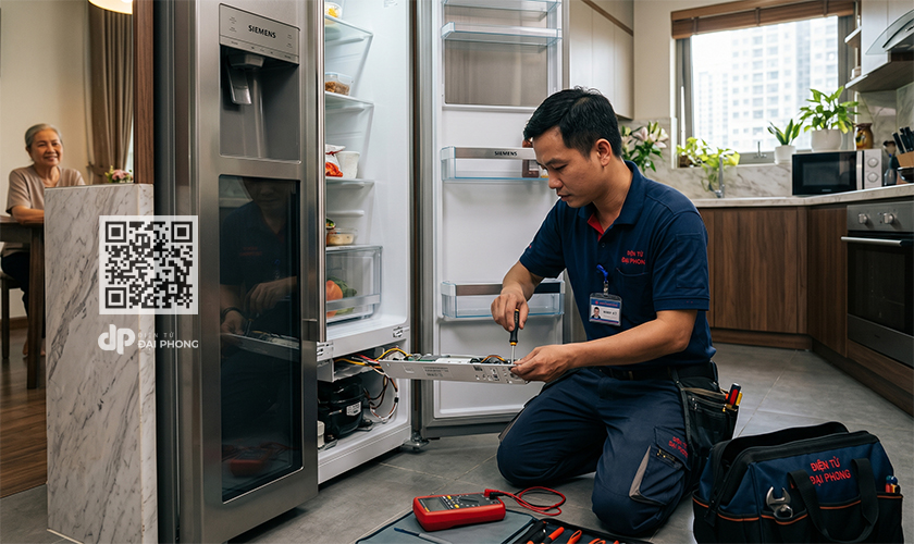 Kỹ thuật viên của Điện tử Đại Phong sửa chữa tủ lạnh Siemens tại nhà khách hàng HCM